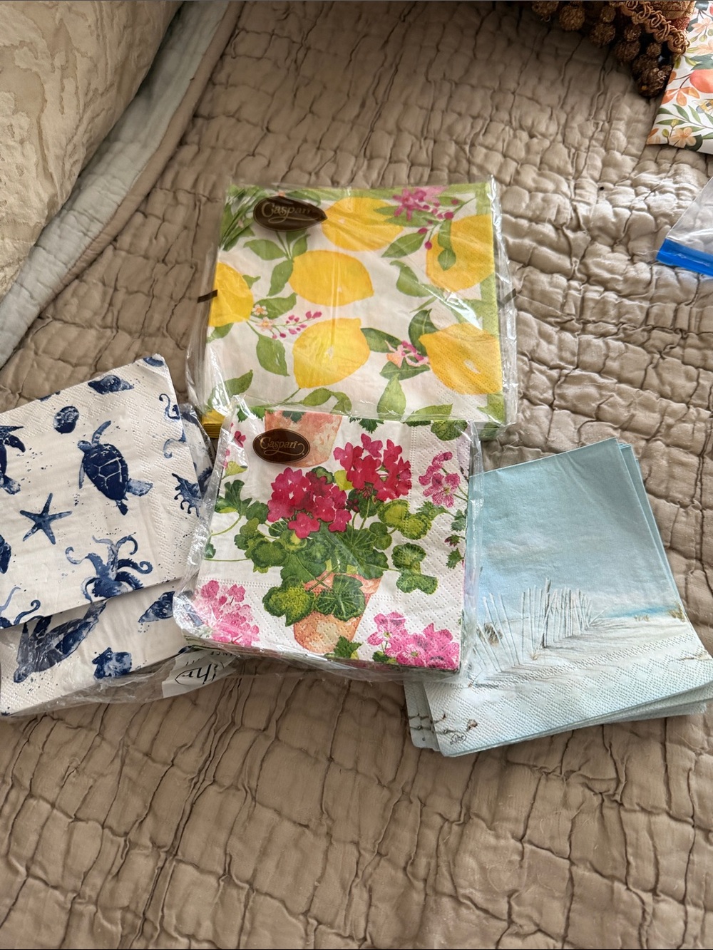 Caspari Lemon Print Paper Napkins 10 Caspari geraniums 15 sealife 10 beach 14